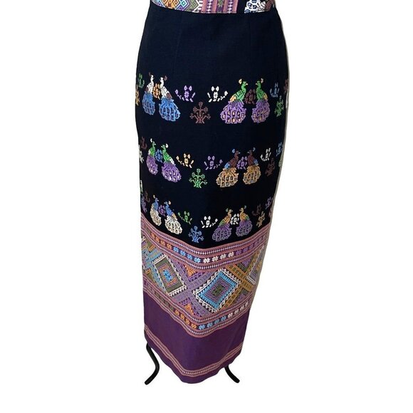 Chalermrak Womens Maxi Skirt Black Size Medium Vintage Custom Made Peacock Lined - Picture 10 of 12